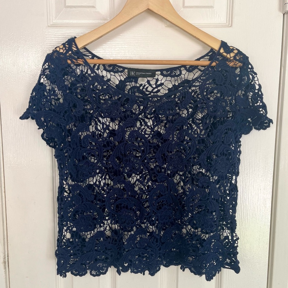 INC International Concepts Crochet Lace Top Petite PM Navy Blue Whimsigoth Boho